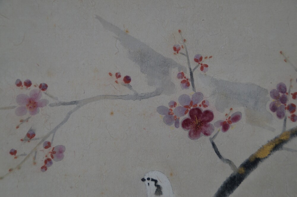 Further close-up of the plum blossoms with the bird at the lower edge of the image in the hanging scroll Plum Blossoms in Quiet Early Light by Tokuoka Shinsen