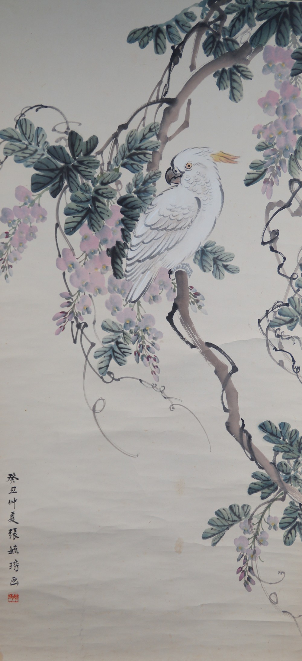 Cockatoo in Blooming Wisteria Kakemono by Cho Ikkyu Full Motif Without Mounting