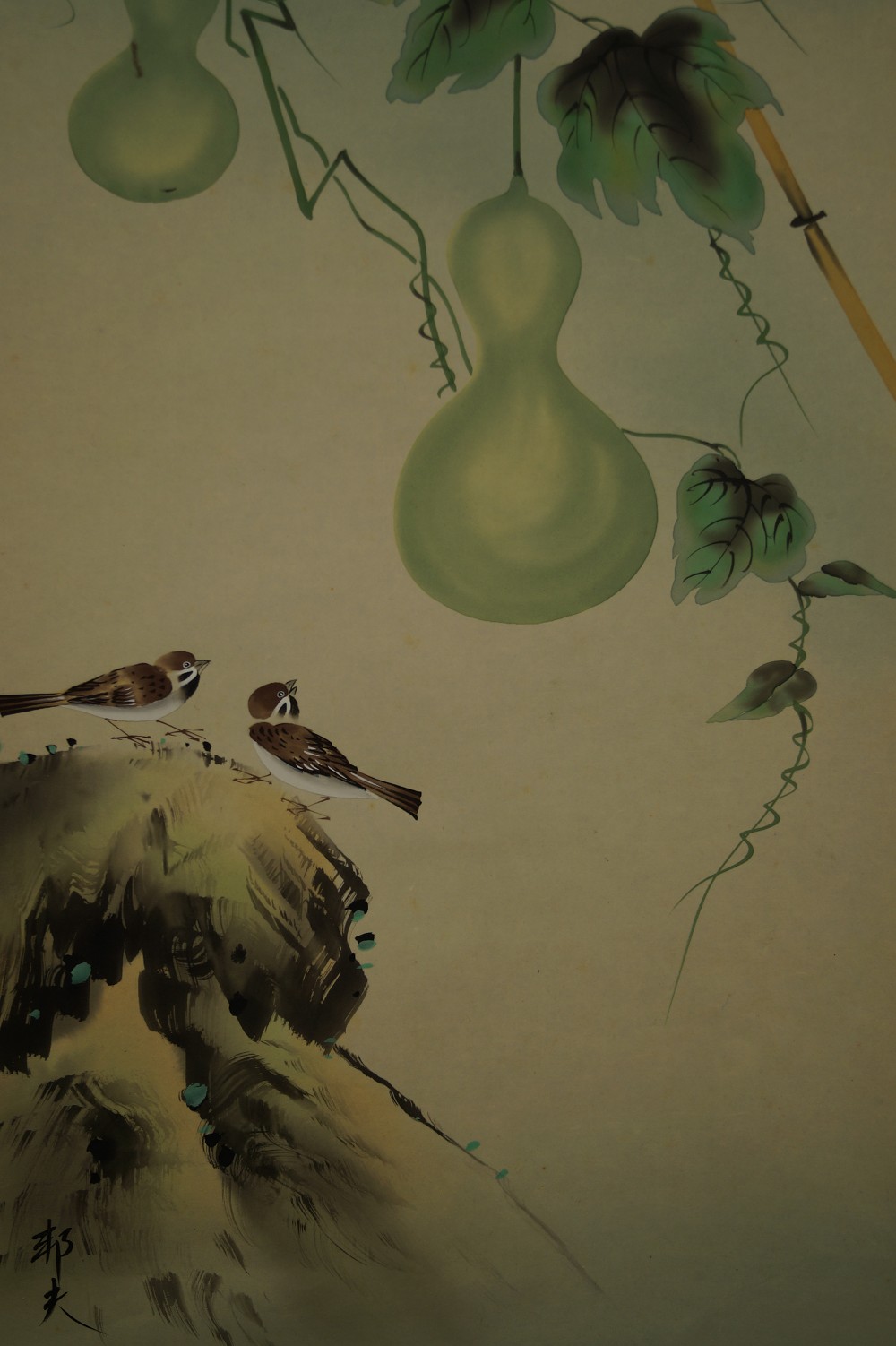 Two sparrows on a rock beneath a hanging gourd Motif Close-Up 1