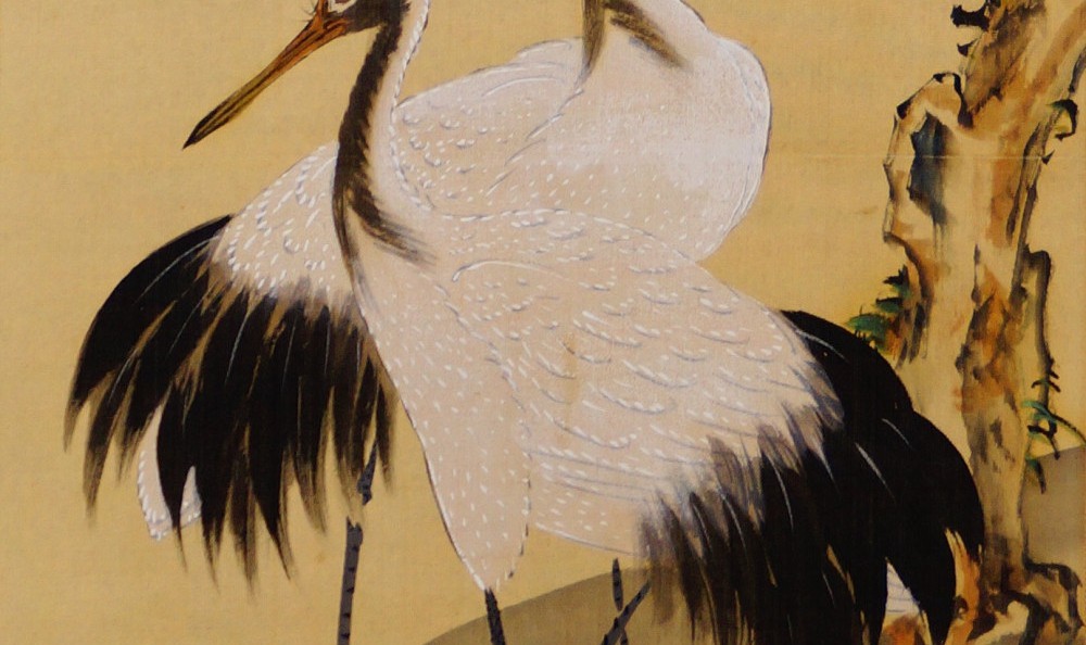 Kakemono von Kanō Naonobu: Kraniche unter Kiefernzweigen, in Tusche auf Seide.