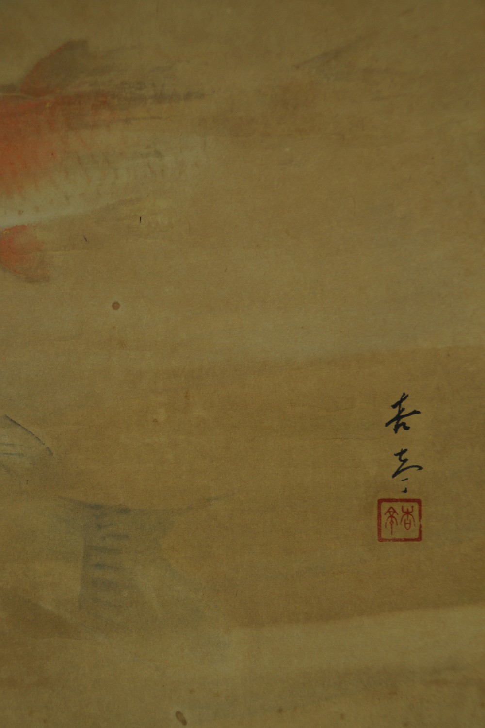 Close-up of the tail fin of the orange koi next to the signature