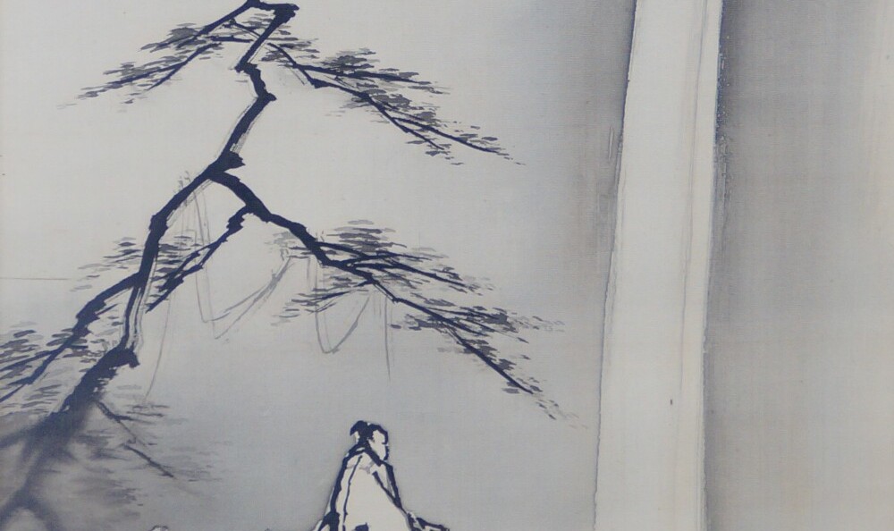 Kakemono by Yagioka Shunzan: scene at the edge of a waterfall, in ink and color.