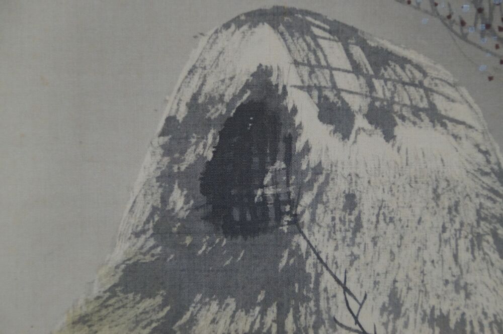 Close-Up of the Thatched Roof of the Hut in the Hanging Scroll Rooster and Plum Blossoms