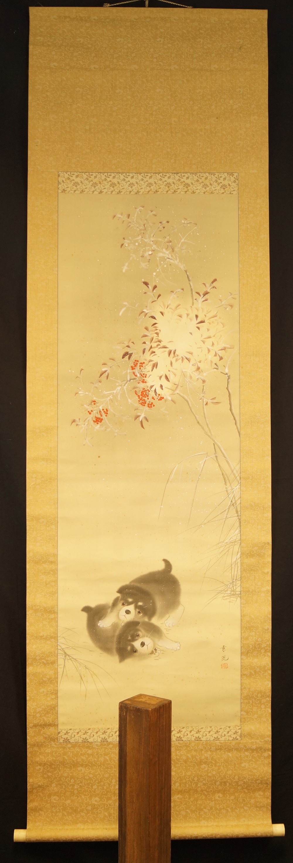 Two Puppies in the Snow Full View Hanging Scroll