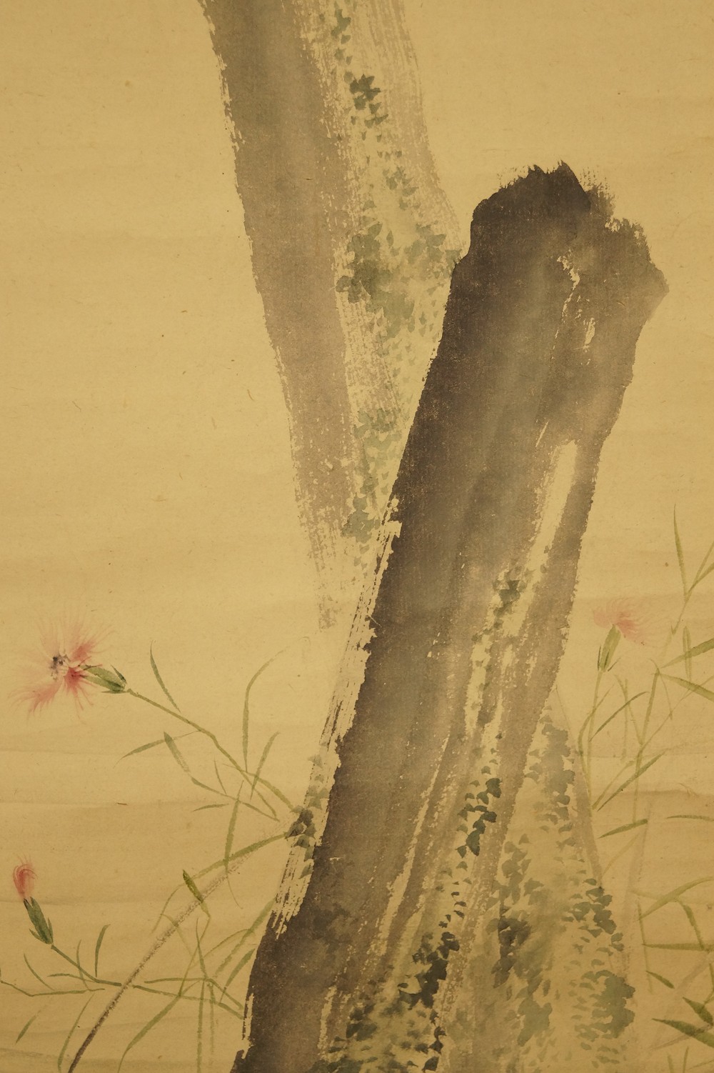 Moss-Covered Tree Stump with Pink Carnation Blossoms and Grass Blossom Motif Close-Up 1