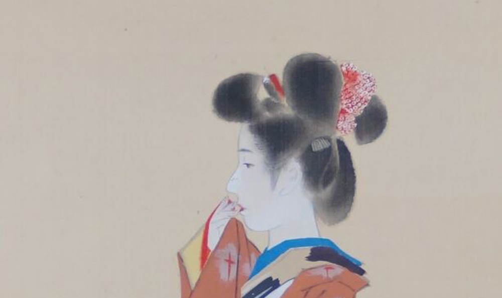 Kakemono by Saeki Shunkō: female figure in a kimono, face in detail
