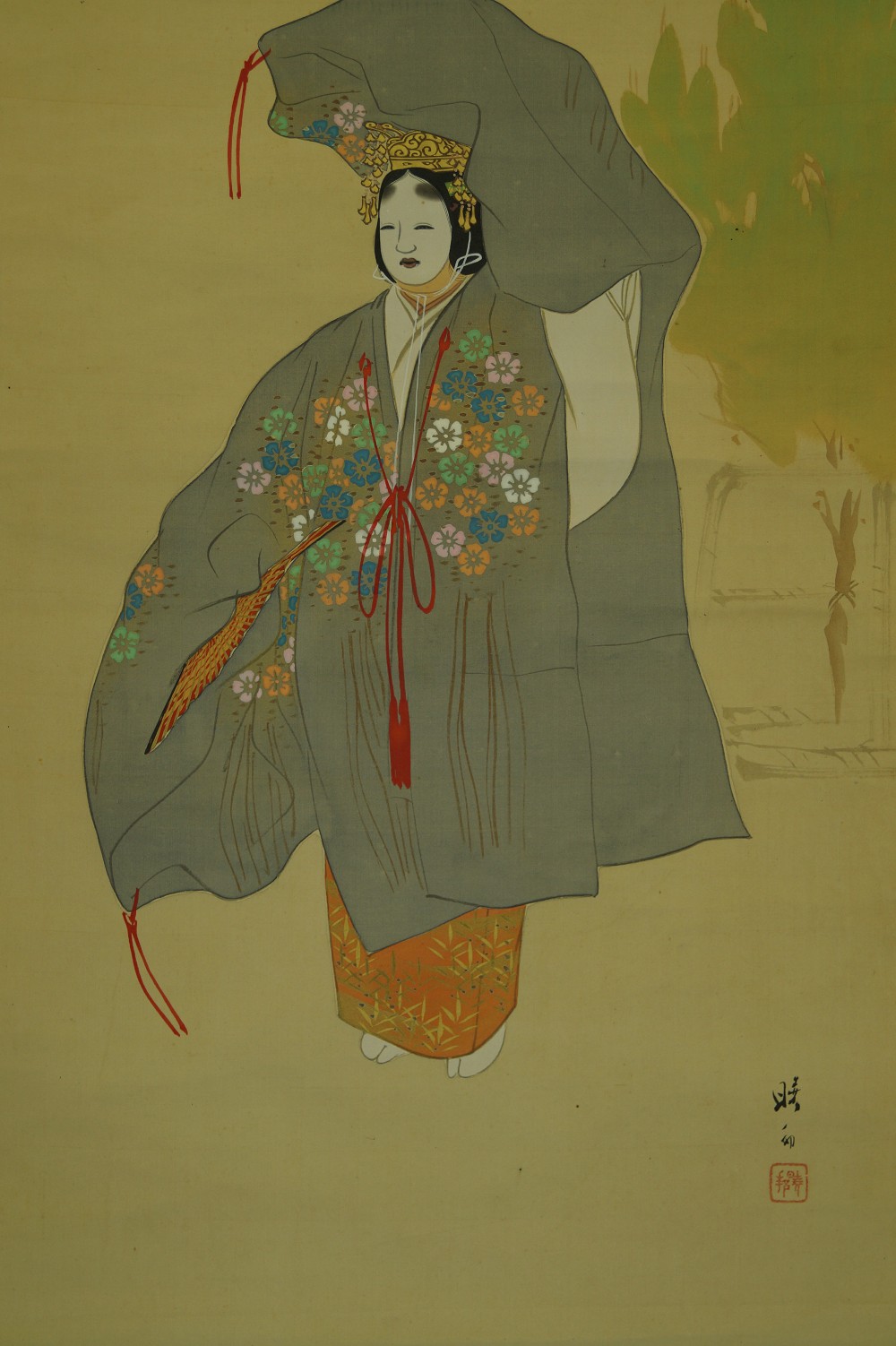 Kakemono woman in kimono motif close-up