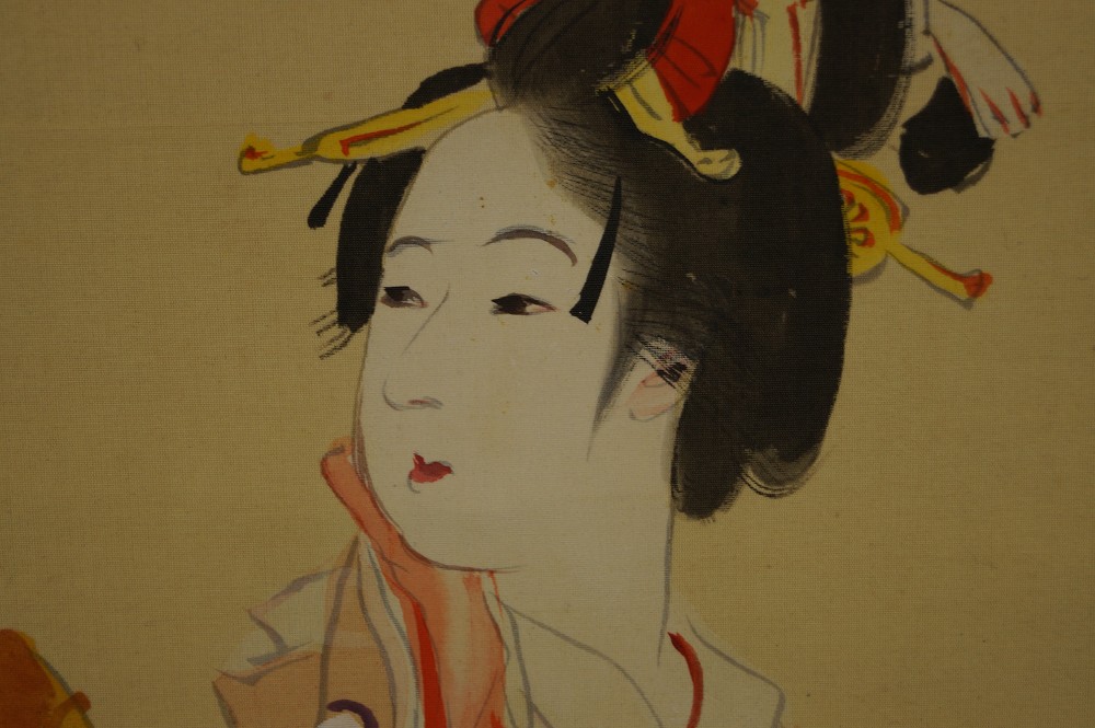 Japanese Hanging Scroll Beauty and Cherry Blossoms Face Motif Close-Up