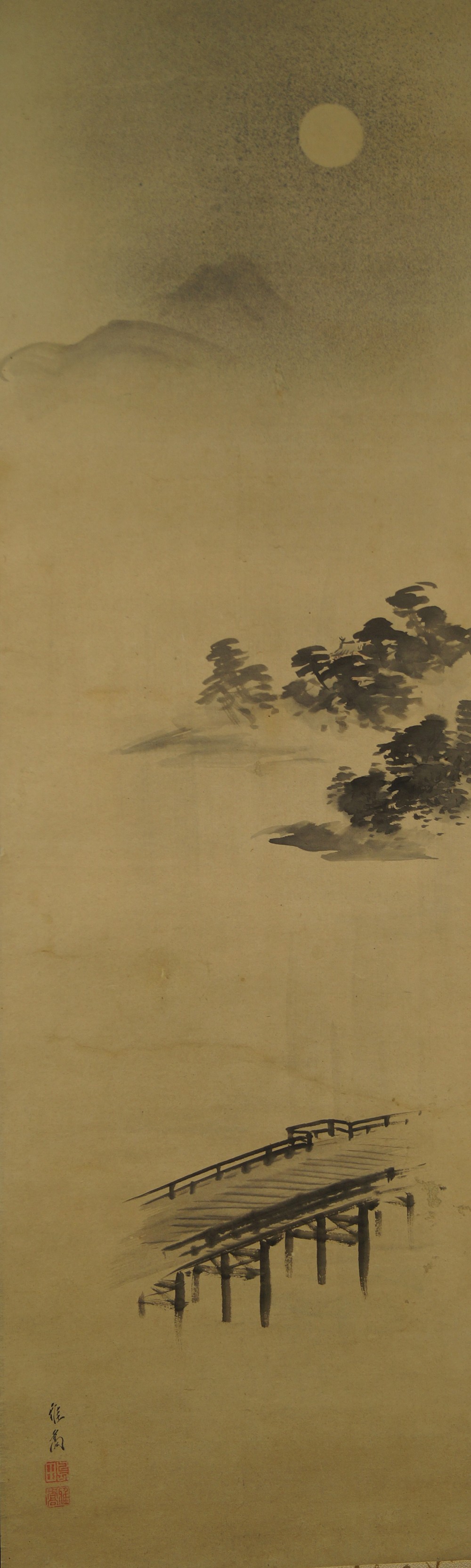 Japanisches Rollbild Set Vogel und Mondlandschaft Mondlandschaft Motiv Nahaufnahme 1