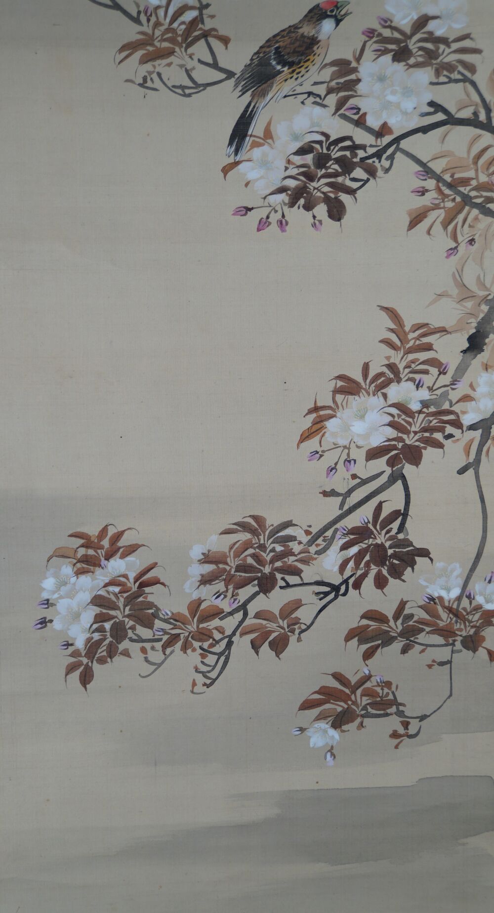 Additional view of the full motif with bird and several cherry blossom branches in the Kakemono Singing Bird in Cherry Blossom Branch, without mounting