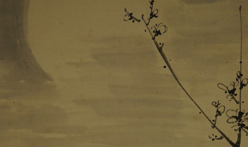 Kakemono von Mōri Baiyū: Pflaumenblüten vor einer Mondscheibe, auf Seide gemalt.