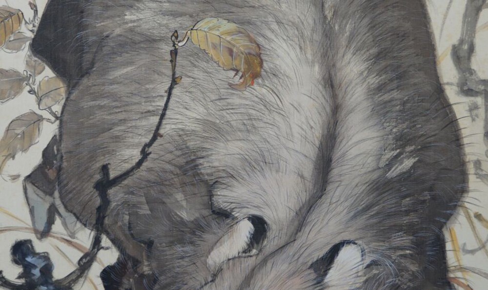 Kakemono by Saegusa Sokō: wild boar in autumn foliage.