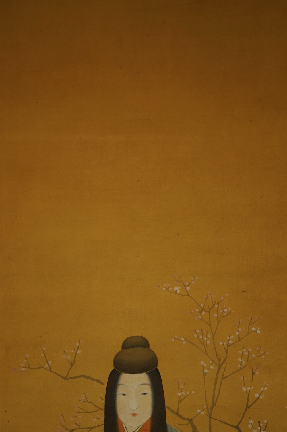 Beauty in Kimono Woman and Plum Blossom Branch Close-Up