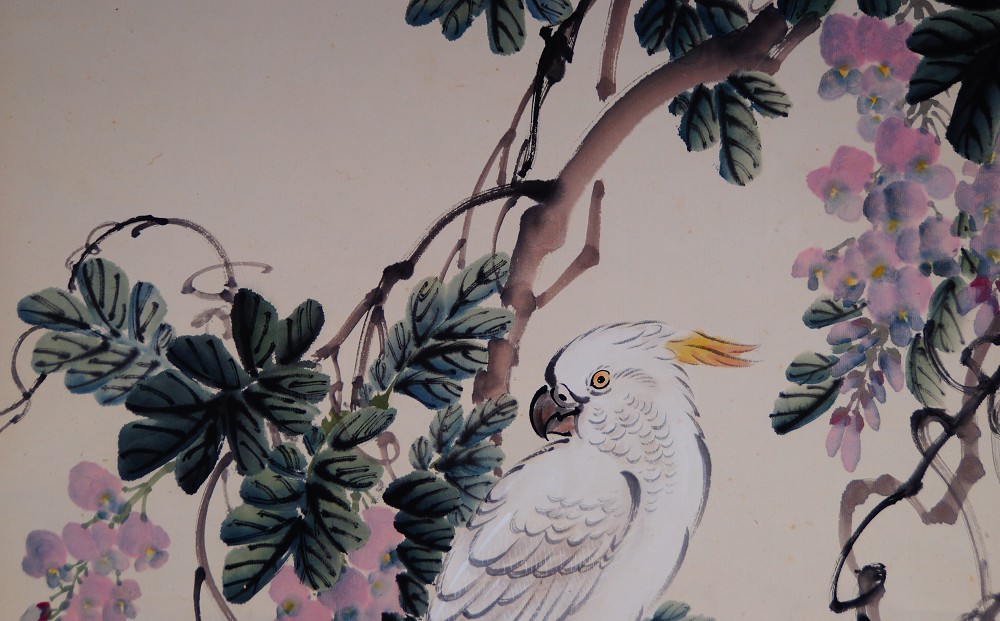 Cockatoo in Blooming Wisteria Kakemono by Cho Ikkyu Cockatoo Motif Close-Up