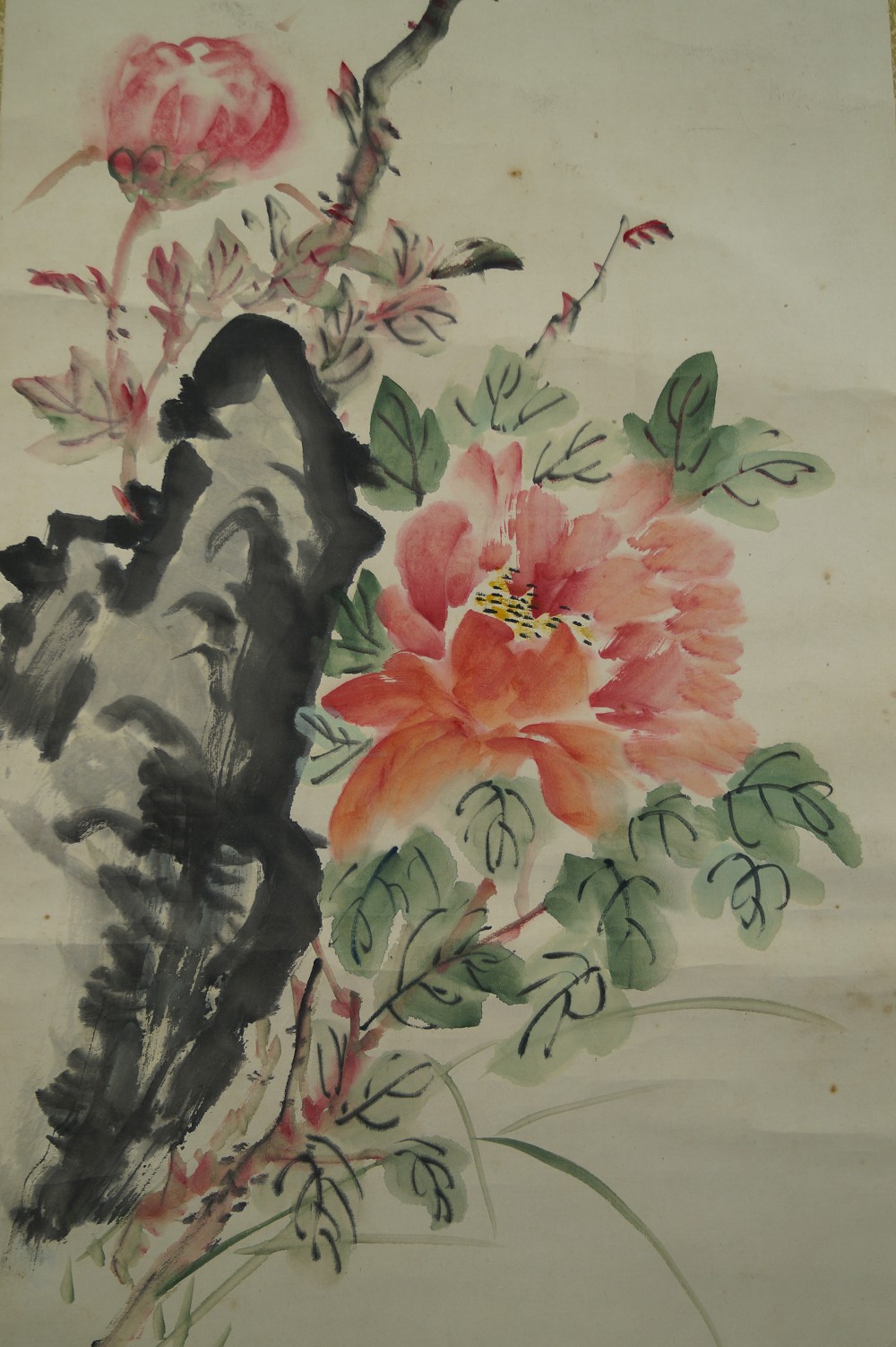 Peonies hanging scroll rock motif close-up