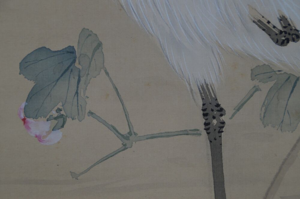 Further detail view of the heron's feet and a blossom bud in the kakemono