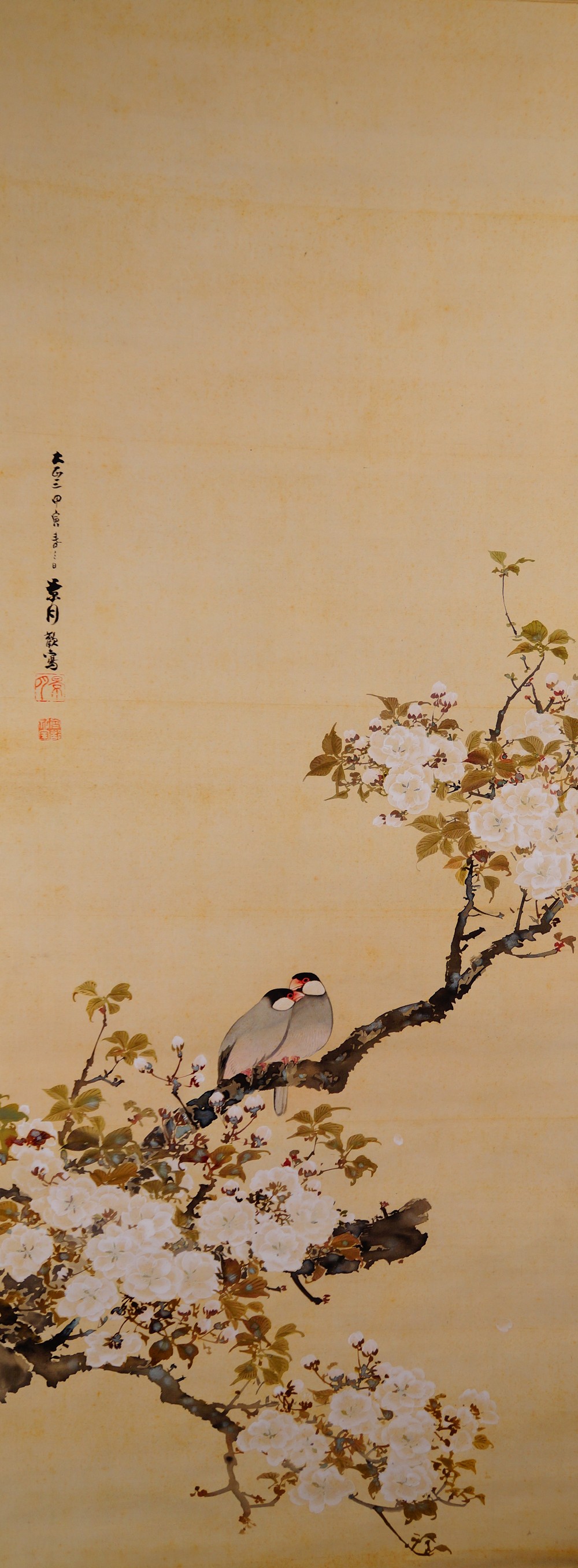 Full view of the cherry branch motif with the two birds and the artist's signature in the kakemono Spring Awakening without mounting