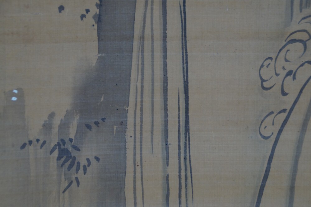 Extreme Nahaufnahme der Felszeichnung am Wasserfall in der Aufstieg-Rolle des Kakemono-Sets von Kano Eihaku