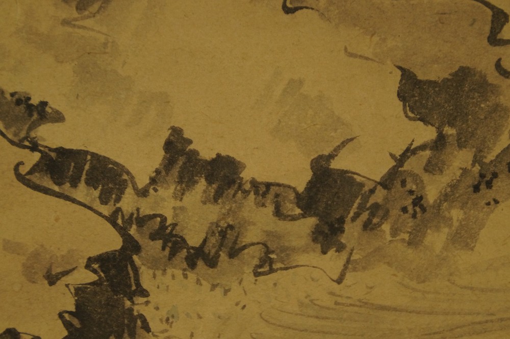 Further close-up of the ink rocks and waves on the shore