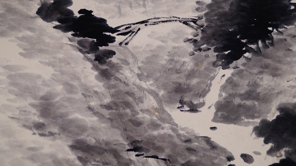 Weitere Nahaufnahme des Kiefernwaldes und des Bergbachs oberhalb des Wasserfalls