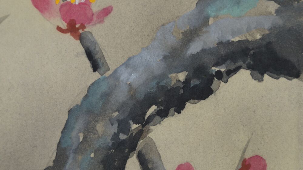 Close-Up of the Washed Branch with Plum Blossoms in the Kakemono Songbird on Blossoming Plum Tree