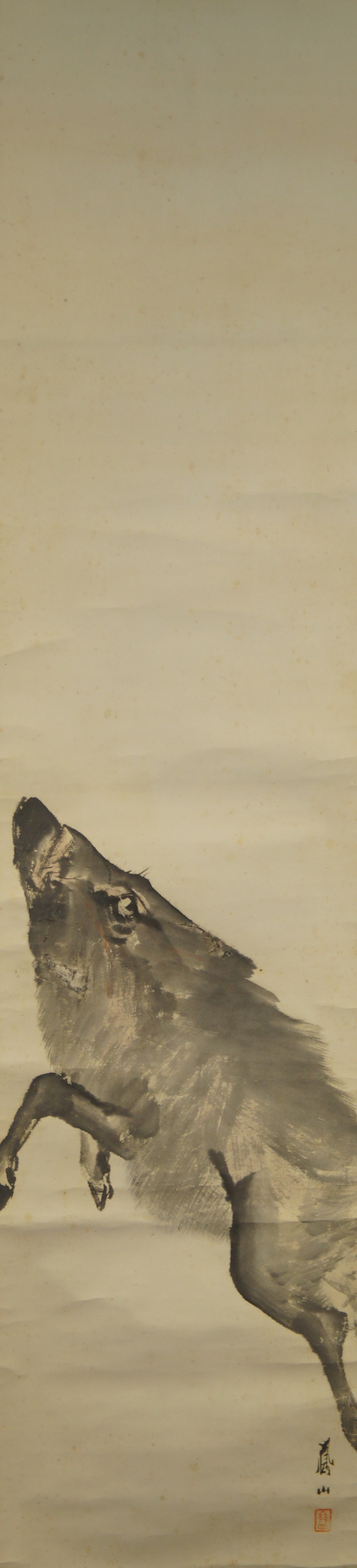 Painted motif of a jumping wild boar without mounting