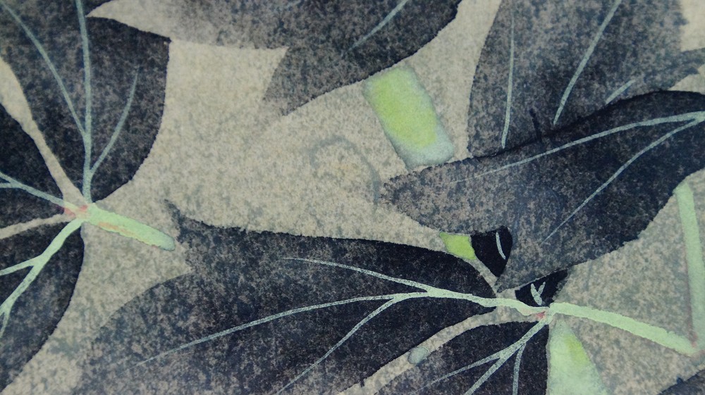 Close-Up of the Dark Ink-Washed Leaves of the Peony Kakemono by Satomi Shokin