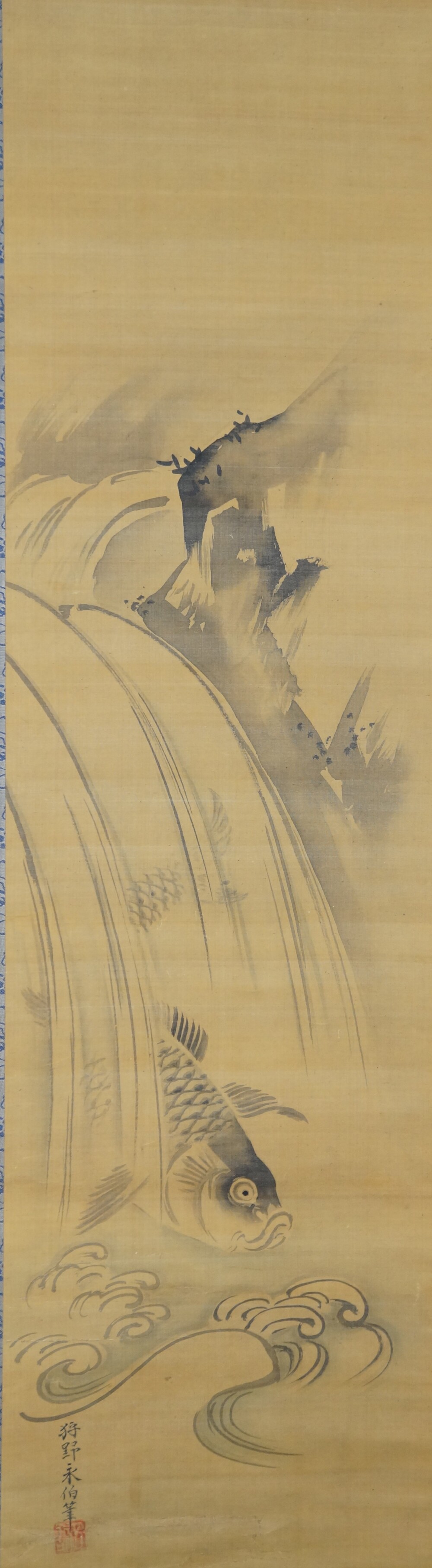 Springender Karpfen am Wasserfall in der Wasser-Rolle des Kakemono-Sets von Kano Eihaku mit Kuenstlersignatur und rotem Siegel
