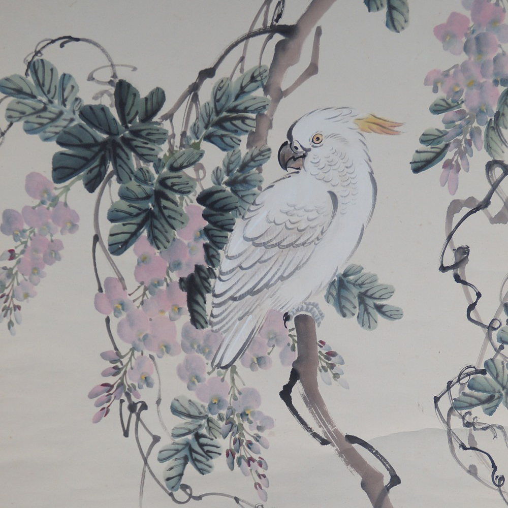Cockatoo in blooming wisteria hanging scroll by Cho Ikkyu motif close-up preview
