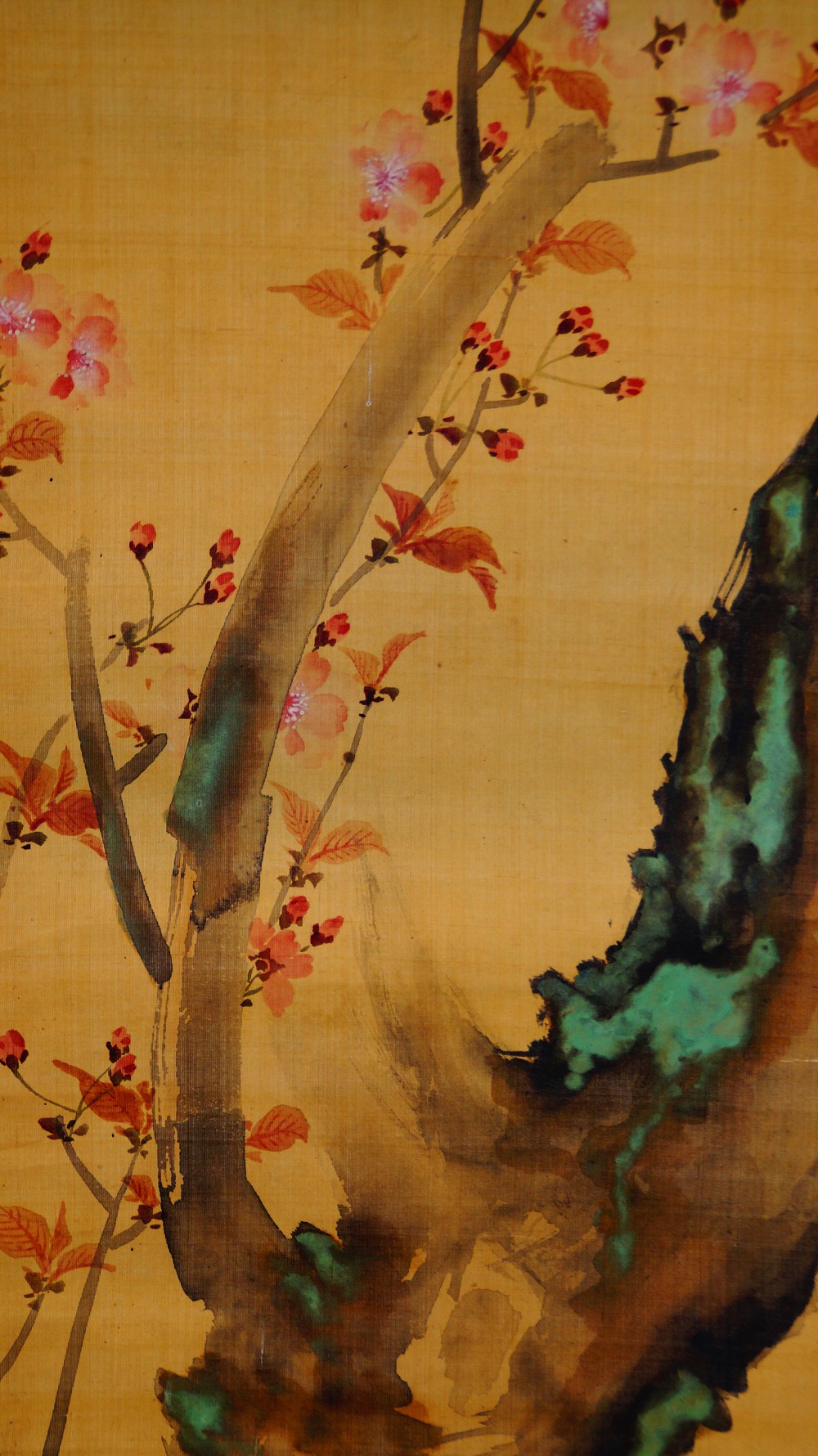 Blossoming cherry branches on rock kakemono by Sakai Hoitsu rock motif close-up