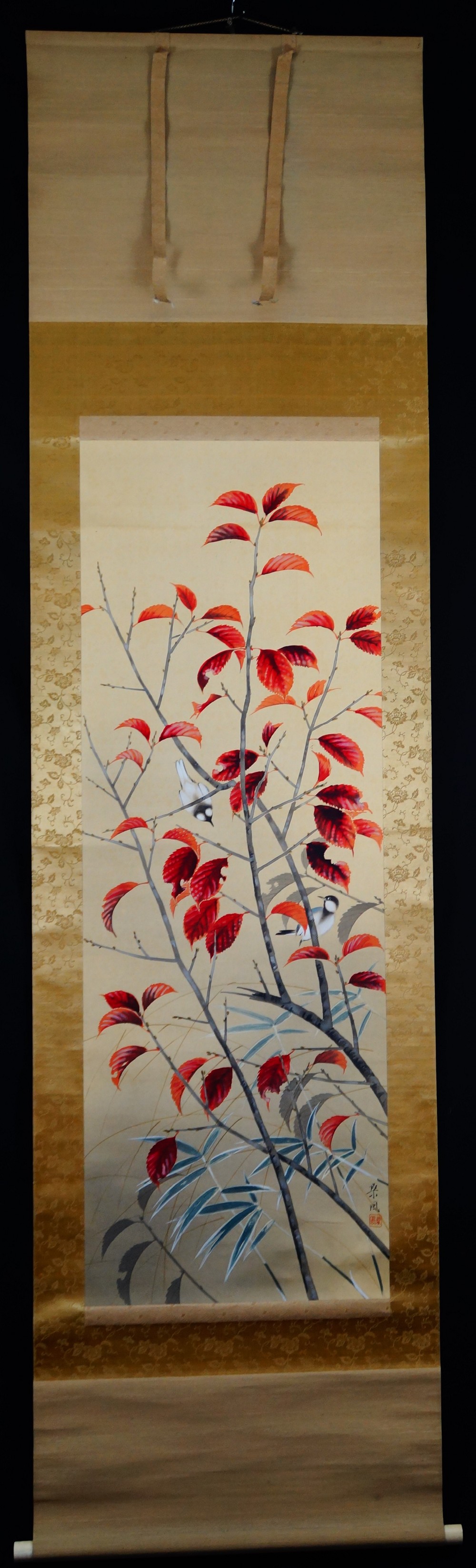 Autumn Wind in the Bamboo Grove Kakemono by Abe Kinshu Full View Hanging Scroll