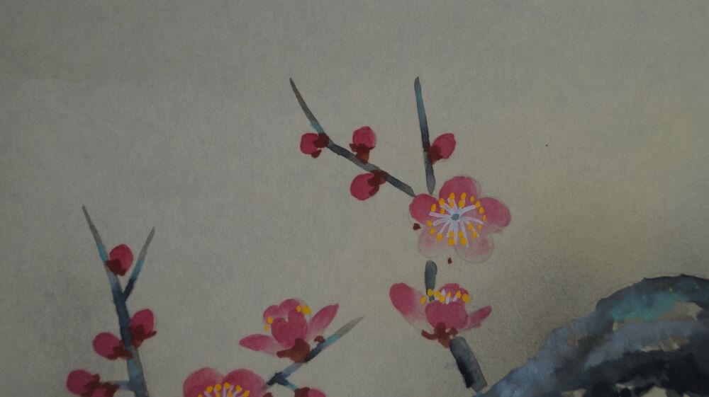 Further Close-Up of the Densely Blooming Plum Blossoms in the Kakemono Songbird on a Blossoming Plum Tree