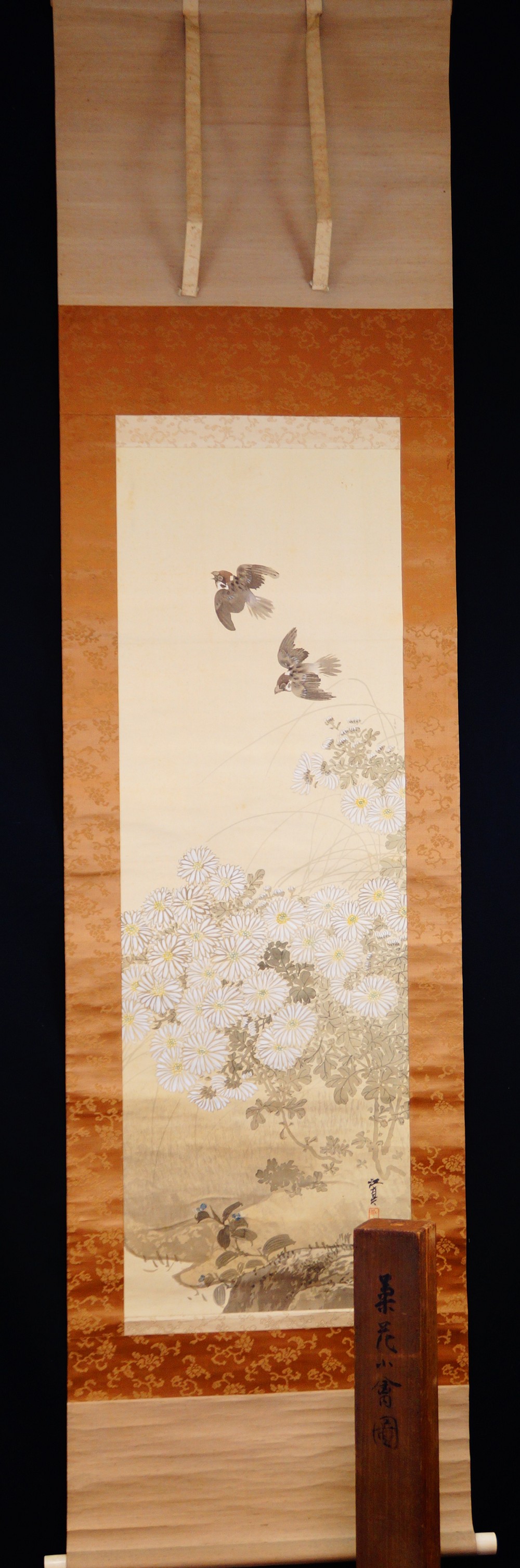 Sparrows over Chrysanthemums Kakemono by Fukui Kotei Overall View of Hanging Scroll