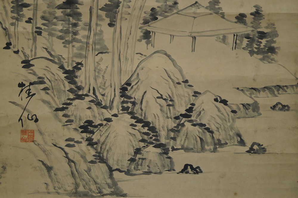 Landschaft Rollbild Bambus-und-Pavillon-Motiv Nahaufnahme