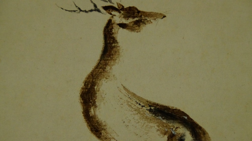 Further close-up of the head and neck of the deer on the hanging scroll
