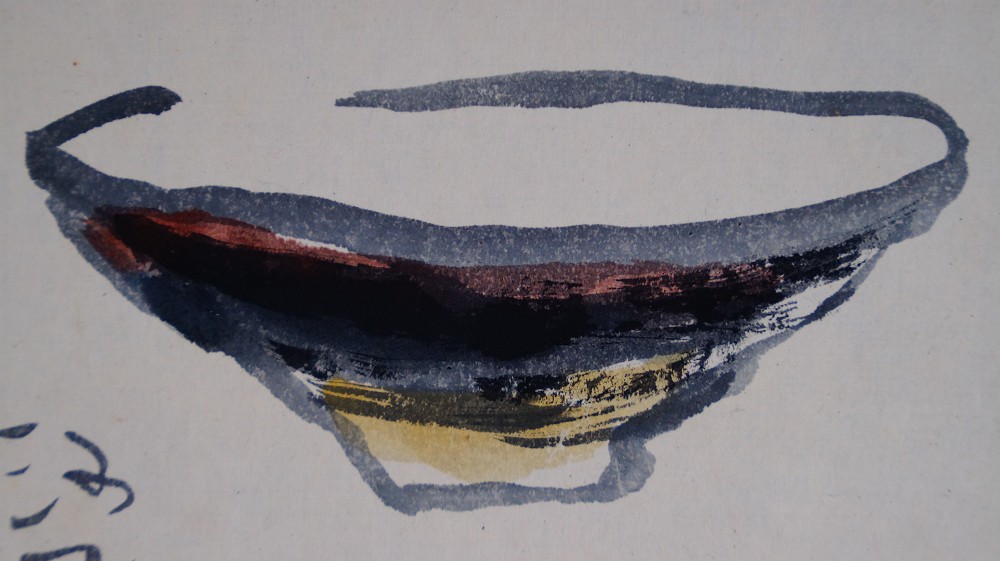 Close-up of the tea bowl painted in ink and color by Iwasaki Hajin