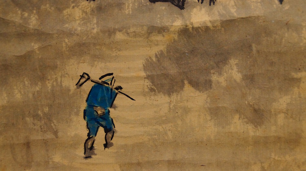 Frueher Fruehling in den Bergdoerfern Kakemono von Matsumura Baiseki Bauer-Motiv Nahaufnahme 2