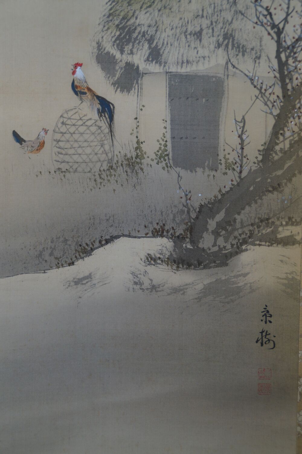 Further View of the Full Motif with Artist's Signature, Straw Hut, and Plum Tree in Kakemono Rooster and Plum Blossoms, Without Mounting