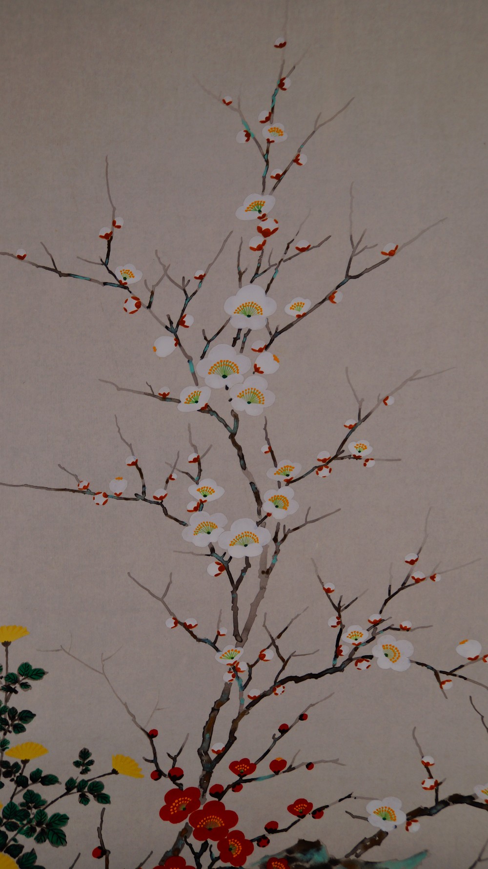 Close-up of the upper plum blossom branches with red and white flower buds in the hanging scroll The Four Noble Plants by Endo Keizo