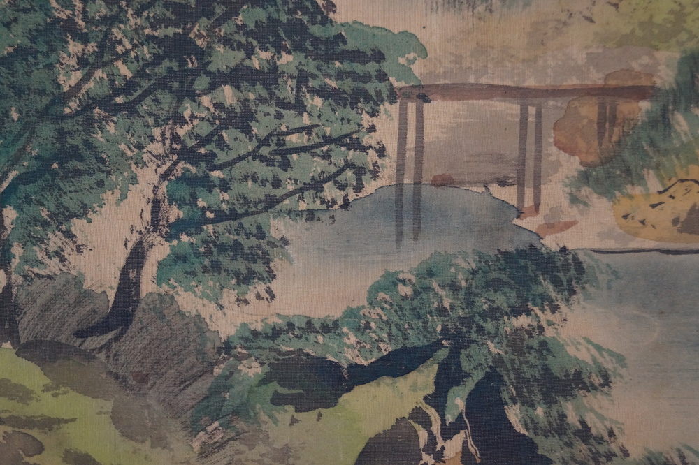 Landscape with Bridge and Mountain Village Close-up of the wooden bridge over the river Landscape Close-Up 2