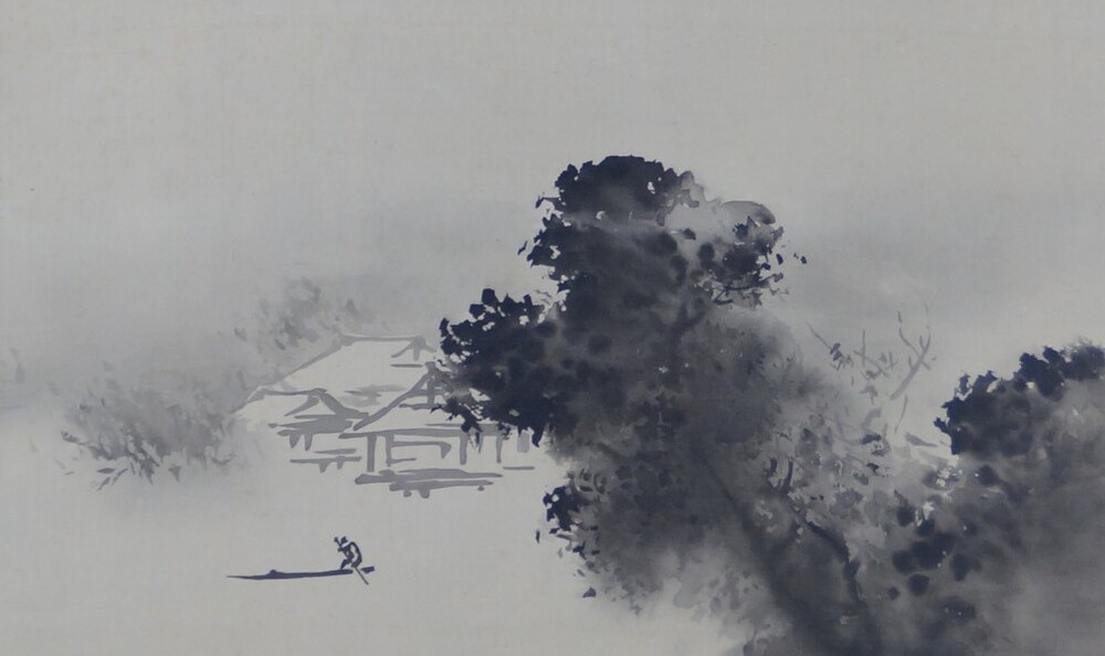 Kakemono von Hashimoto Gahō: Haus am nebligen Berghang, in Tusche und Farbe auf Seide.
