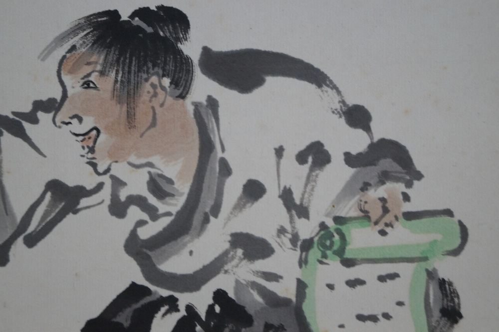 Napping Under a Tree hanging scroll Kanzan and Jittoku motif close-up 3