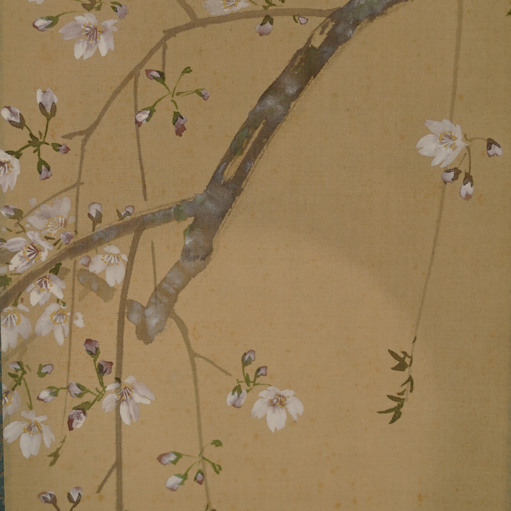 Further detail view of the branch knot with hanging blossom twigs in the Kakemono Hanging Cherry Blossoms