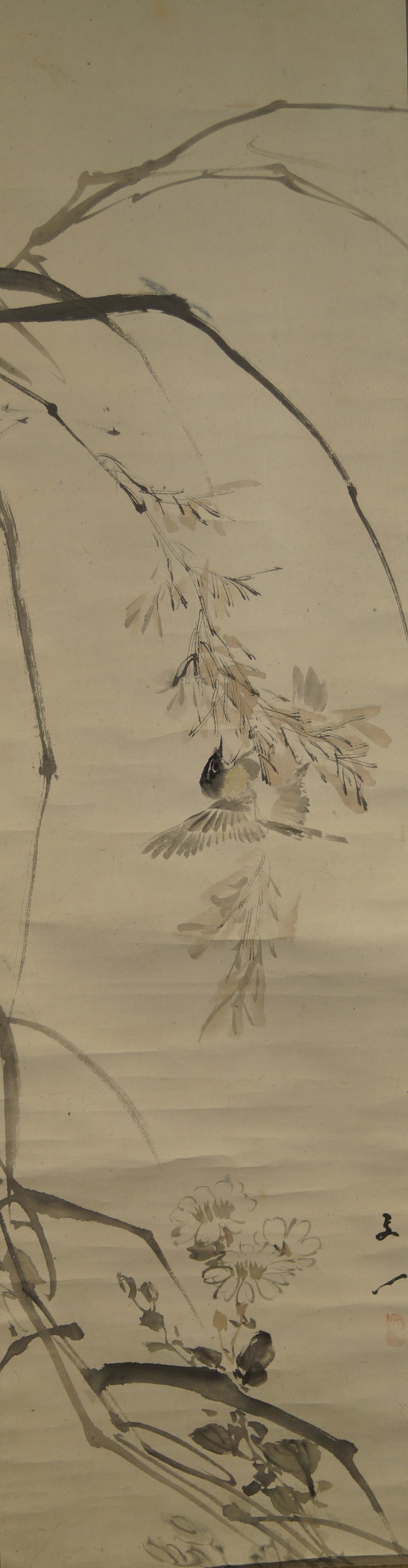 Hanging Scroll Sparrow on a Pine Branch Full Motif Without Mounting