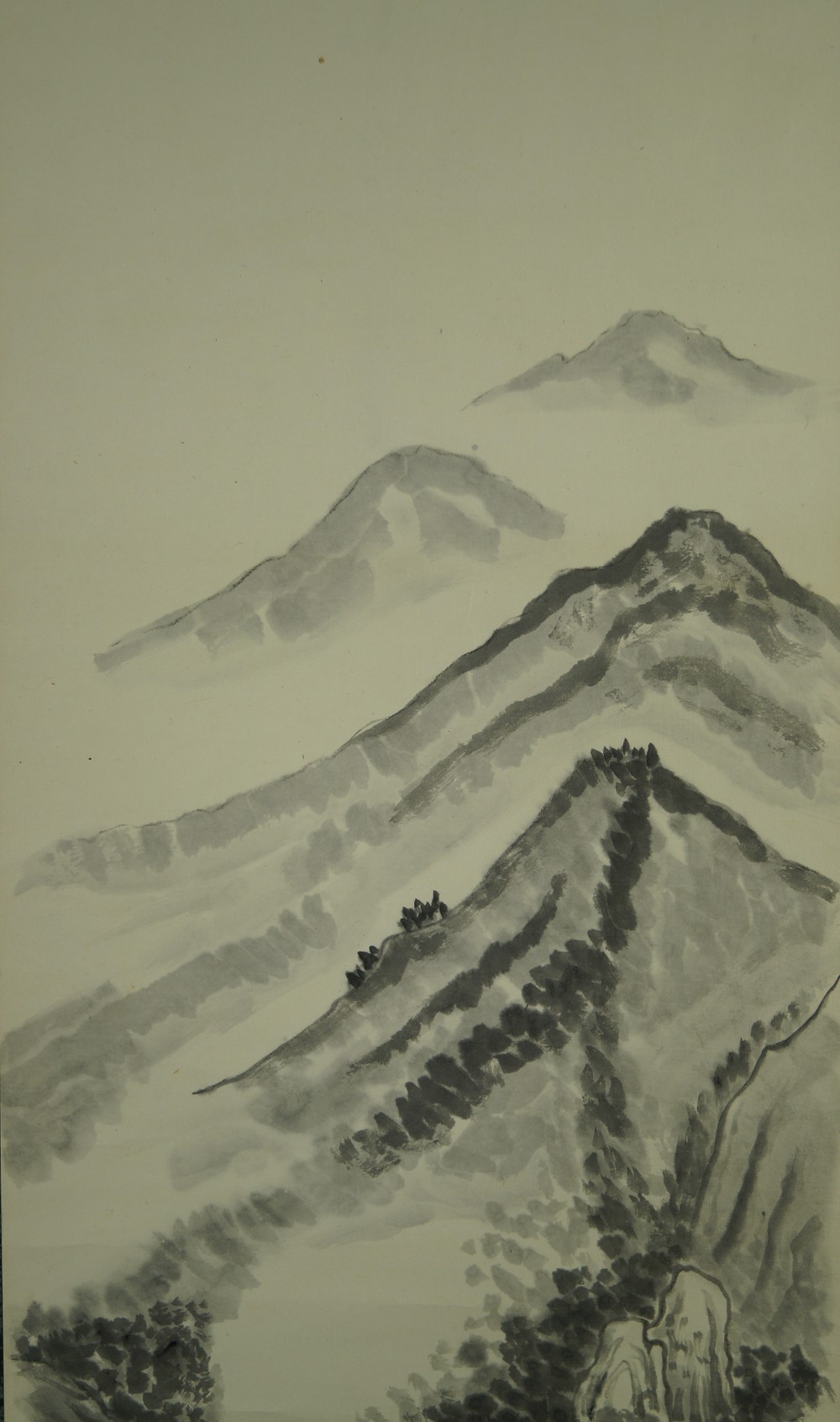 Landscape with waterfall and raftsmen close-up of the distant mountain ranges in the haze landscape close-up