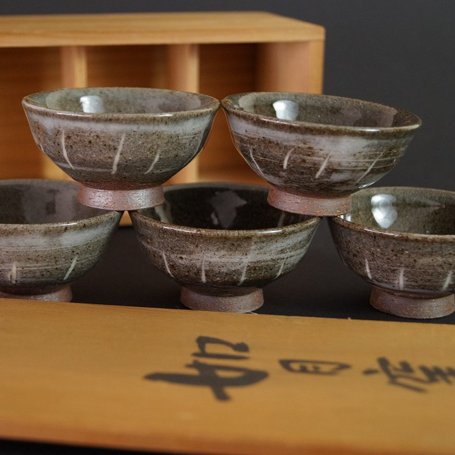 5er Set handgetöpferte japanische Sake-Schalen von Morioka Kisaragi