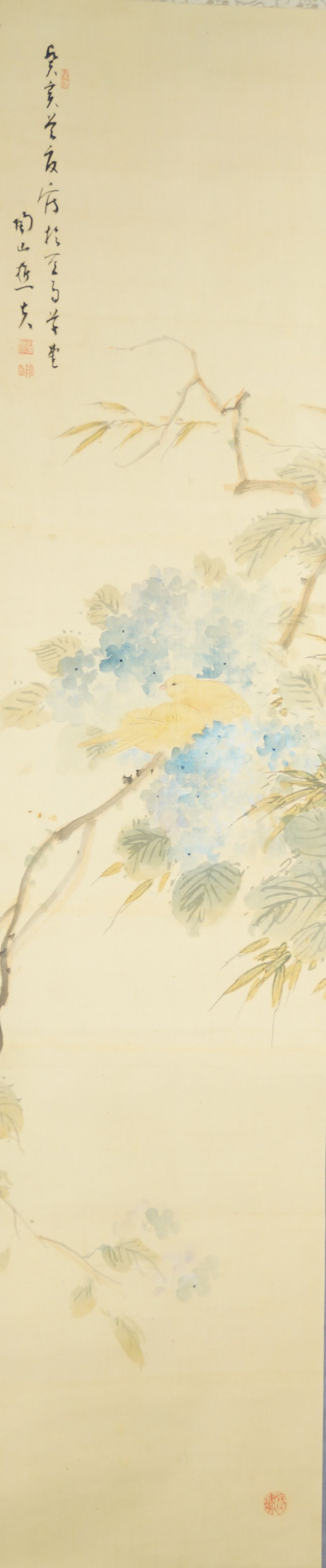 Hydrangeas in early summer light by Ikuta Tozan with two yellow birds among blue hydrangea blossoms