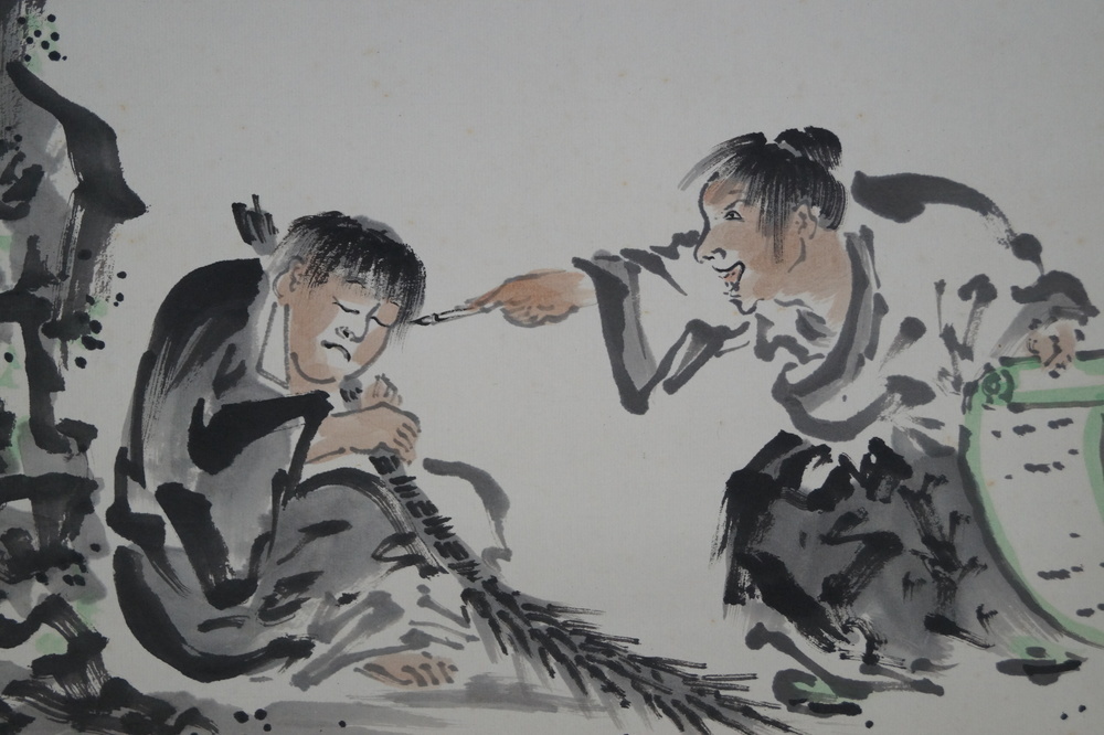 Nap under a tree hanging scroll Kanzan and Jittoku motif close-up