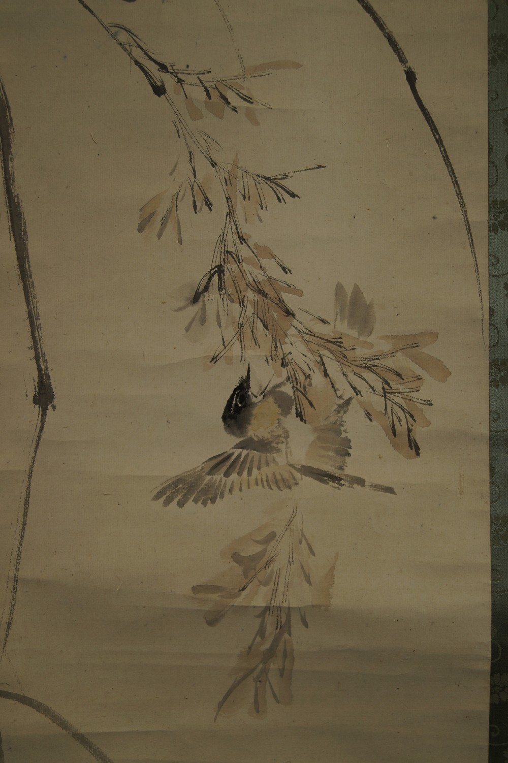 Sparrow in Flight Under Pine Branch Motif Close-Up