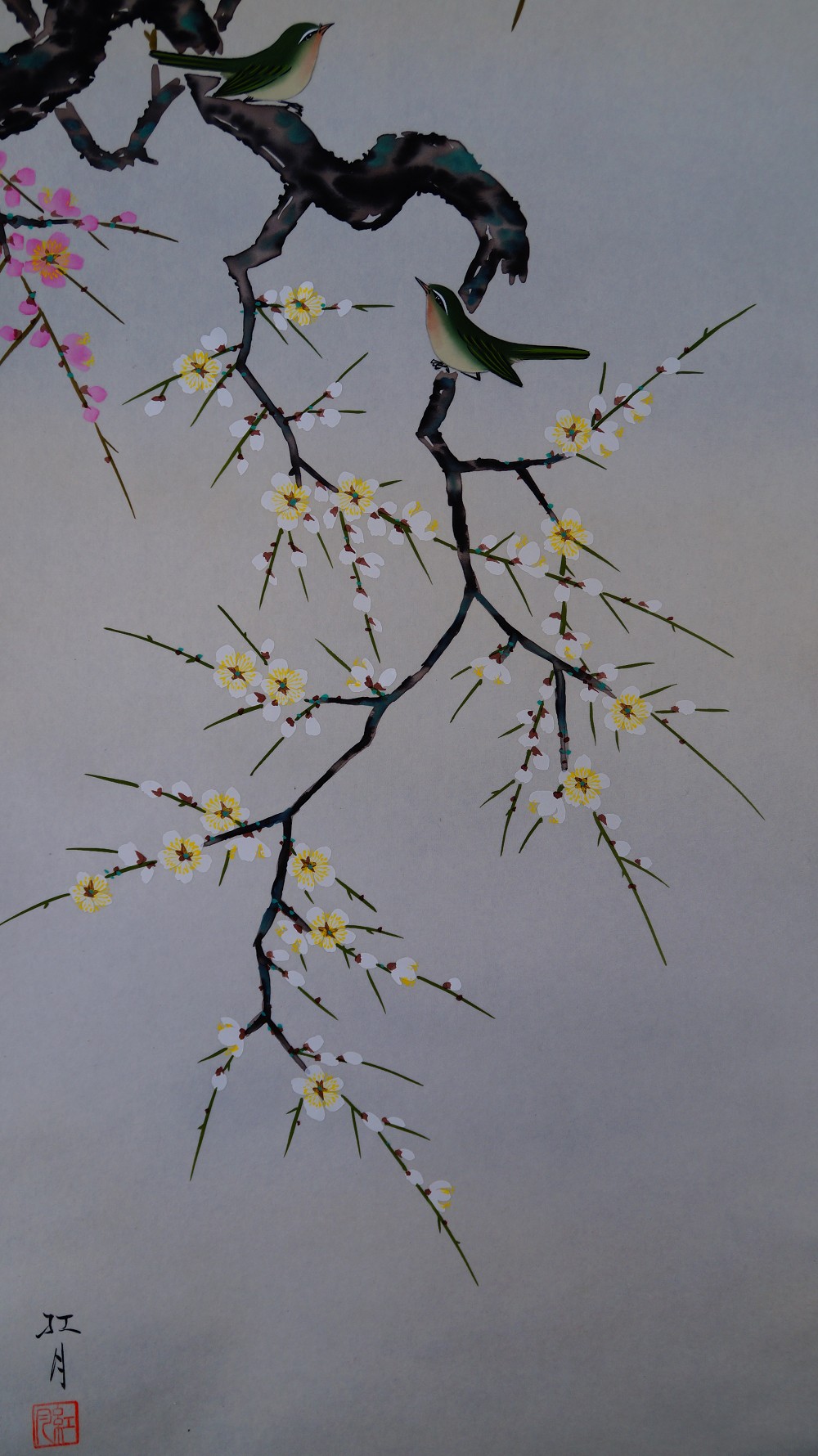 Both White-Eye Birds on the Plum Branch with the Artist Signature Kogetsu in the Hanging Scroll Heralds of Spring